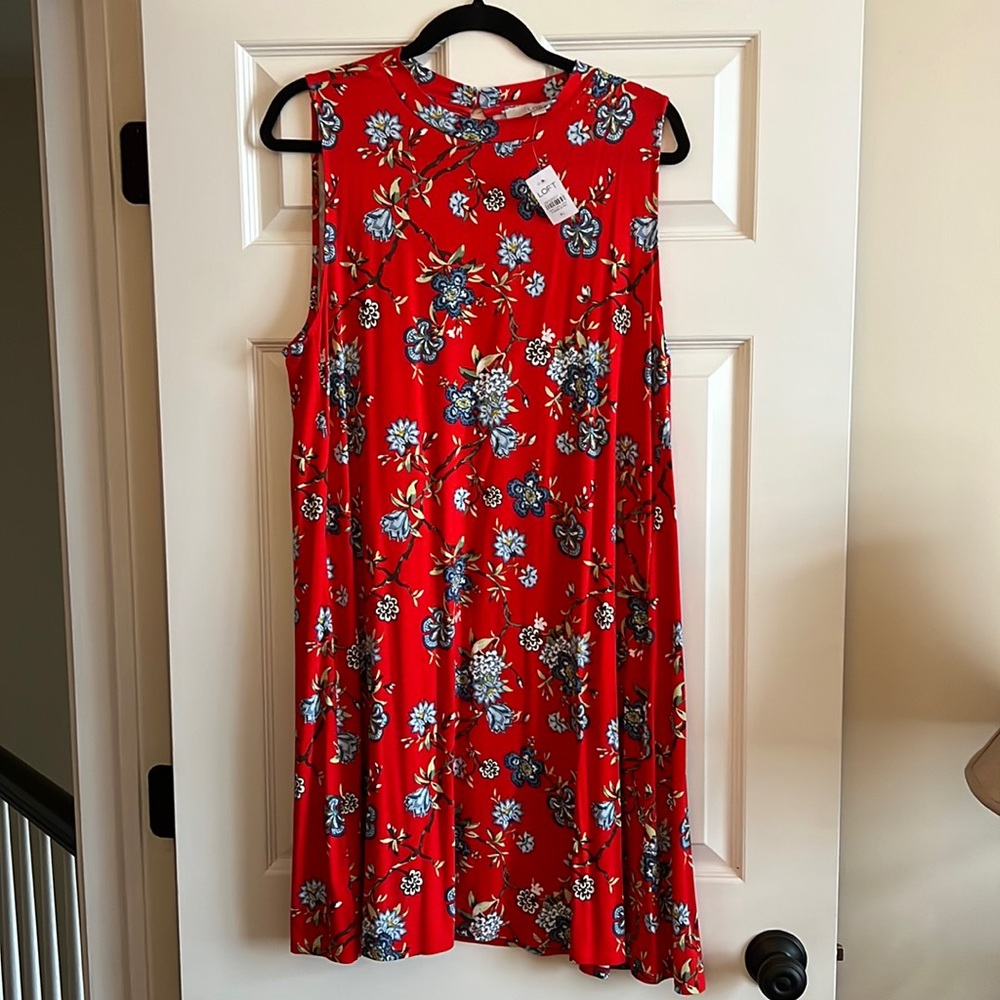 NWT Loft Red Dress with blue floral pattern